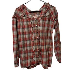 ONCE UPON A DREAM  Women's Blouse Top Button Up V-Neck Long Sleeves Plaid Red XS